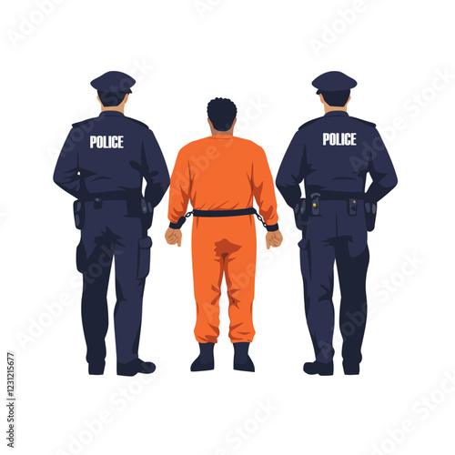 Vector illustration of a police officer leading a handcuffed criminal from the back view. The officers are in uniform, and the prisoner wears jail clothes. Ideal for law enforcement concepts.