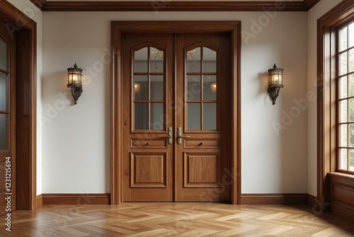 Elegant double wooden doors in a classic hallway setting
