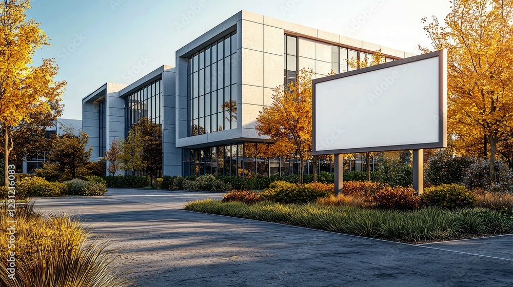 Modern Office Building with Autumnal Landscaping and Blank Billboard Modern Office Building with Autumnal Landscaping and Blank Billboard