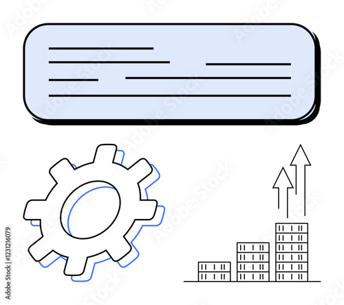 Gear signifies tools and machinery, rising building bars and arrows indicate growth, and text box defines communication. Ideal for business, innovation, strategy, progress, efficiency, planning