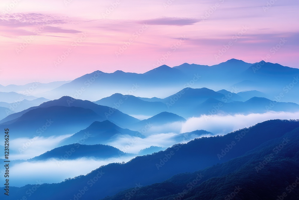 Pastel-colored mountain range with soft, dreamy clouds drifting above Pastel-colored mountain range with soft, dreamy clouds drifting above