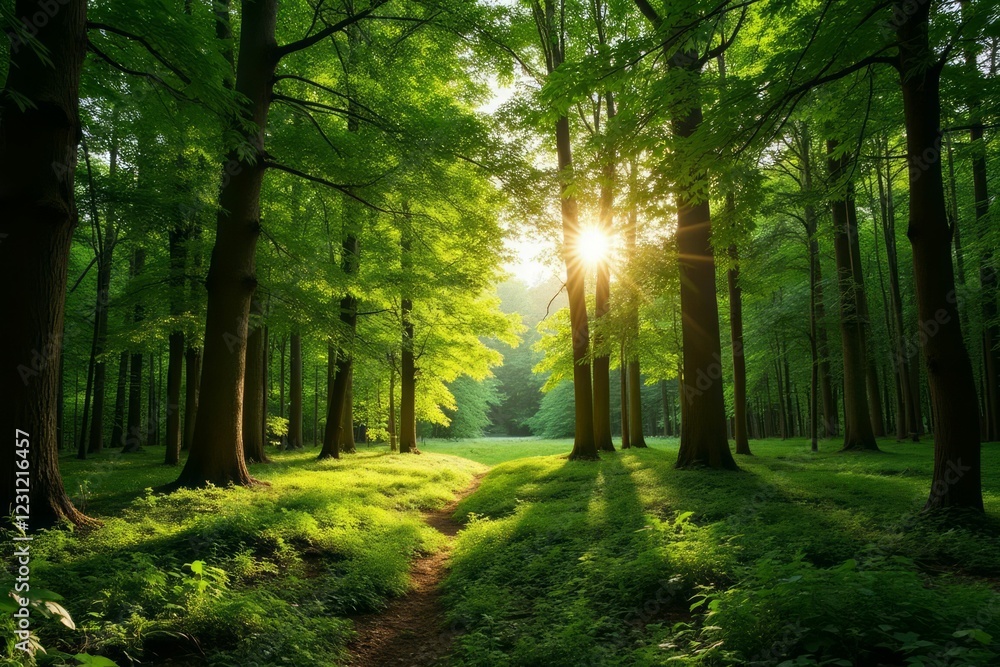 Sunlit Path Through Lush Green Forest Canopy Sunlit Path Through Lush Green Forest Canopy