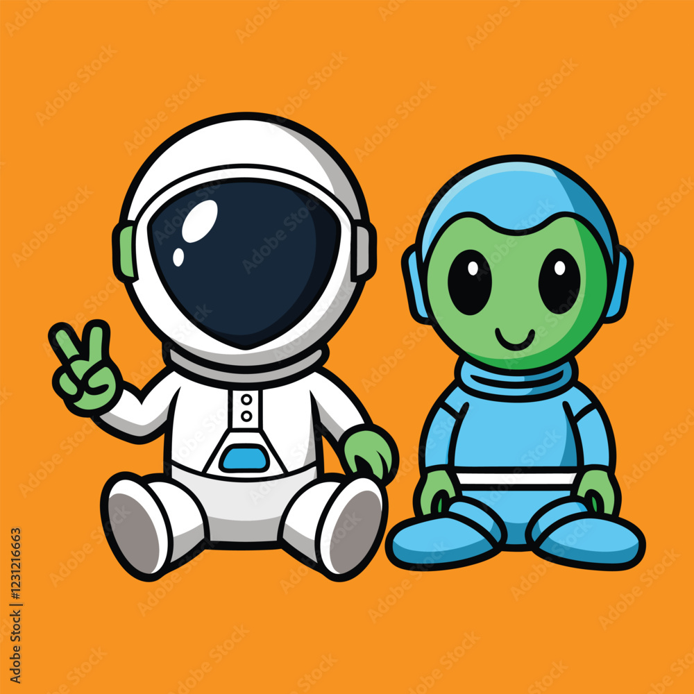 Fototapeta premium Cute Cartoon Astronaut and Alien Friendship in Outer Space Digital Illustration
