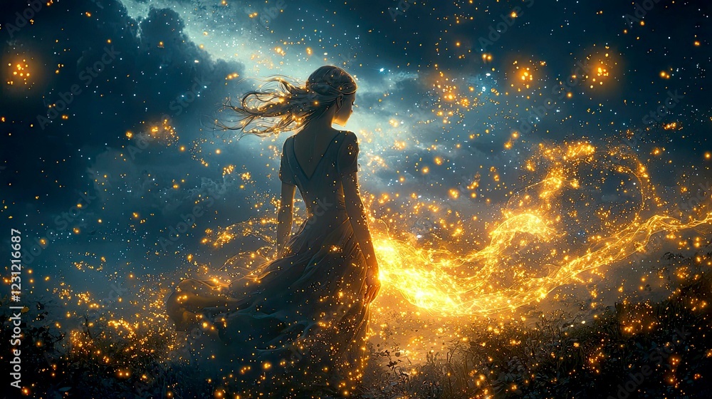 Mystical Woman in a Sparkling Night: A Dreamlike Fantasy Art Mystical Woman in a Sparkling Night: A Dreamlike Fantasy Art