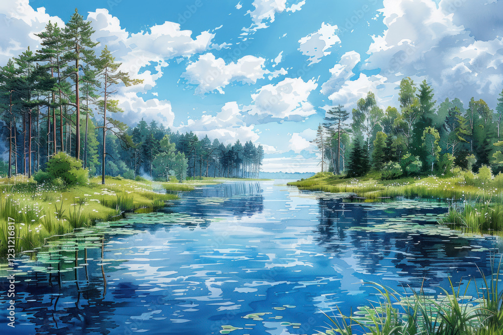 Fototapeta premium river with forest, summer landscape, watercolor,. Generative AI