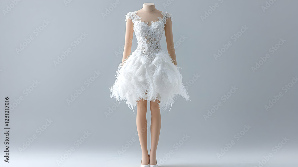 Short white feather wedding dress on mannequin, studio shot