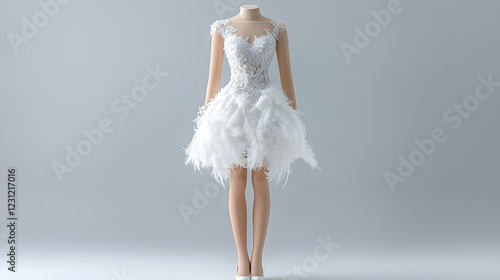 Obraz na płótnie Short white feather wedding dress on mannequin, studio shot w salonie