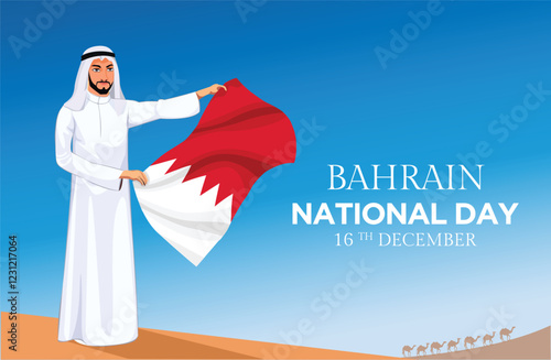 An Arab civilian proudly hosts the Bahrain flag in the desert on the Kingdom of Bahrain’s Independence Day. Bahrainis celebrate Foundation Day with patriotic fervor, cultural events and parades, 