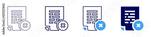 Delete documentation icon in 4 different styles. Thin Line, Line, Bold, and Bold Line. Duotone style. Editable stroke