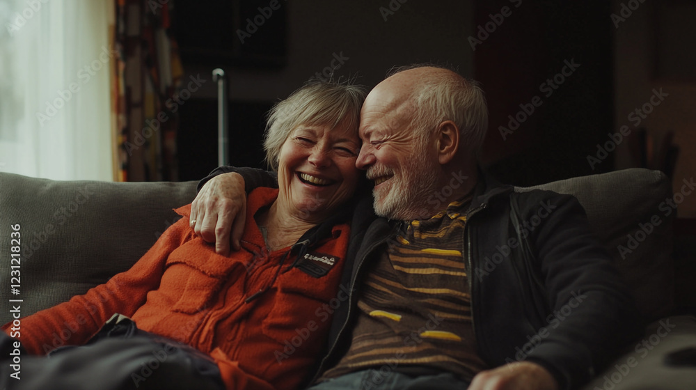 Fototapeta premium Joyful Elderly Couple Embracing with Laughter and Happiness, Enjoying Retirement, Love, and Togetherness