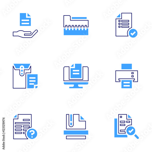 Documentation icon set. Bold line style. Duotone colors. Editable stroke. checklist, printing machine, document, zip file, computer, information, question