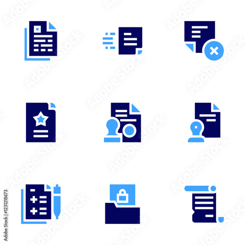 Documentation icon set. Bold style. Duotone colors. cancel, document, stamp, file