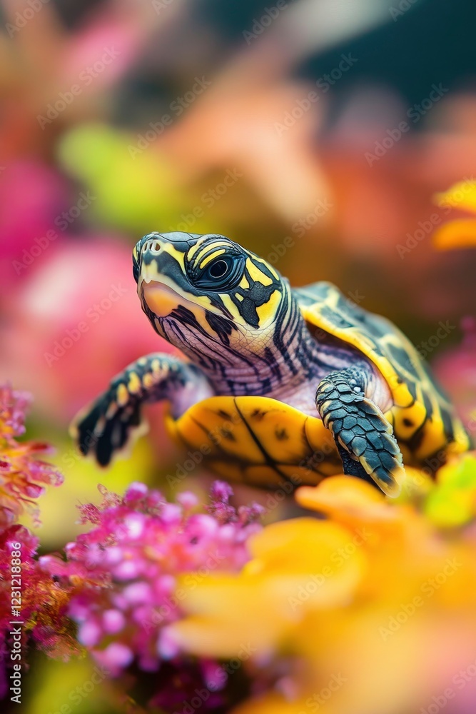 A baby turtle with black and yellow stripes is moving through the colorful plants, blur background A baby turtle with black and yellow stripes is moving through the colorful plants, blur background