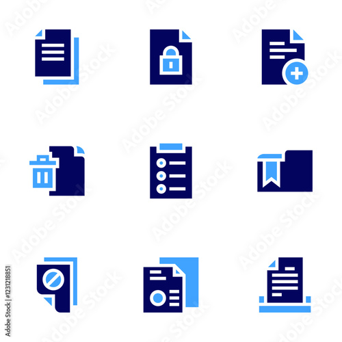 Documentation icon set. Bold style. Duotone colors. file, folder, submit, copy, delete file, document, task, plagiarism