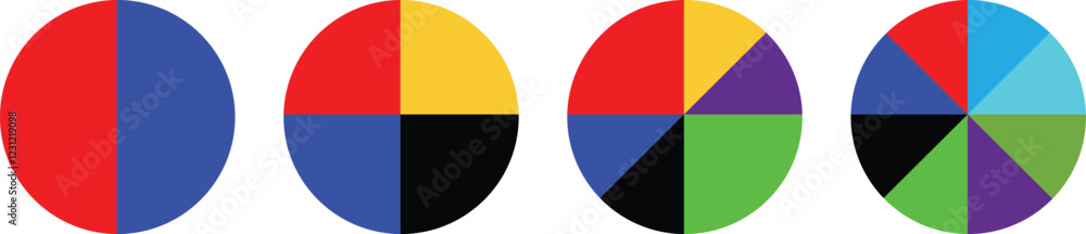 Fototapeta premium Pie charts diagrams. Pie chart infographic set. Different color circles. donut and pie chart infographic elements se. Vector illustration