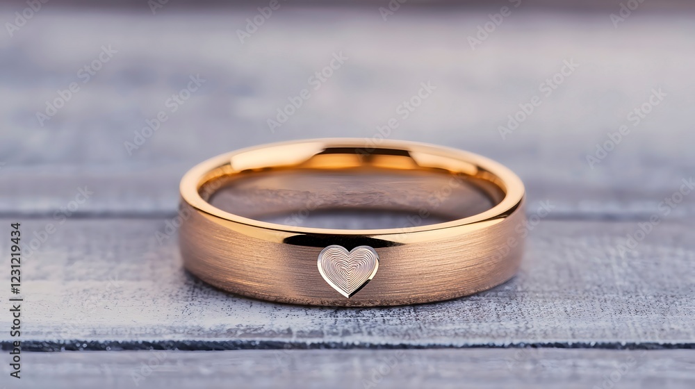 Elegant gold ring with heart design on wooden background Elegant gold ring with heart design on wooden background