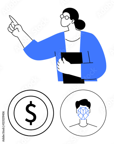 Professional gestures upward confidently while holding black folder. Dollar coin circle and facial recognition concepts highlight financial and technological themes. Ideal for strategy, finance