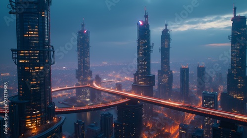 City of the future with skyscrapers made of glass and metal, floating bridges