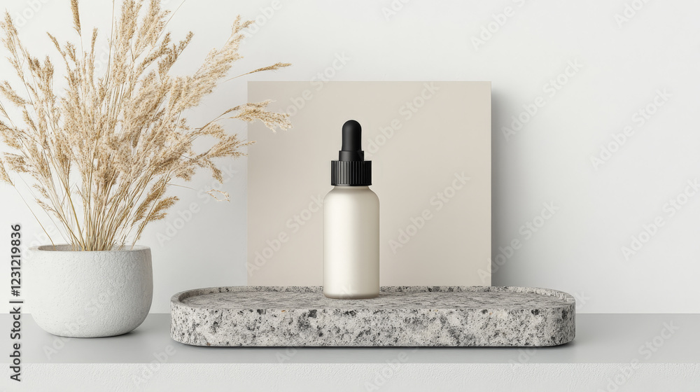Neutral-toned skincare bottle on a granite tray, next to dried pampas grass. Minimalist aesthetic. Neutral-toned skincare bottle on a granite tray, next to dried pampas grass. Minimalist aesthetic.