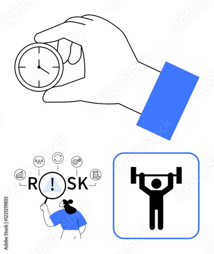 Hand holding clock, woman analyzing risks with magnifying glass, and weightlifter. Ideal for time management, risk assessment, personal growth, fitness, balance, goal setting abstract line flat