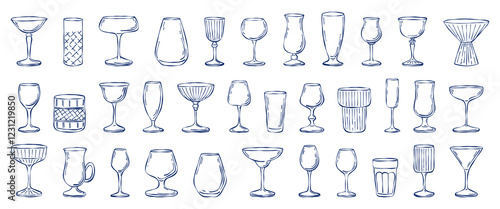 Simple hand drawn empty drink glass set. Vector line art minimalism wine, champagne, cocktail, juice glassware isolated elements collection