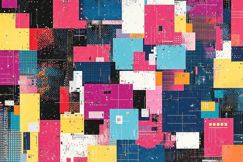 Pixelated patterns creating a retro digital look, with vibrant, pixel-based designs reminiscent of early computer graphics photo