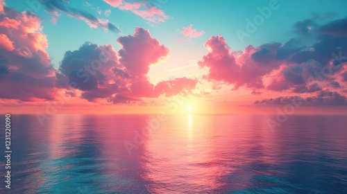 Serene Sunset over the Ocean: A breathtaking view of a vibrant sunset casting its warm glow on the tranquil ocean waters, creating a picturesque scene of peace and serenity.
