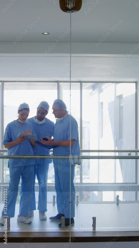 Team of surgeons discussing over digital tablet Team of surgeons discussing over digital tablet