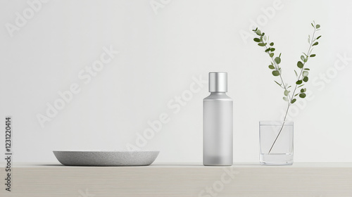 Wallpaper Mural Simple minimalist scene with frosted glass bottle, small grey bowl, and eucalyptus sprig in a glass.  Clean and serene aesthetic. Torontodigital.ca