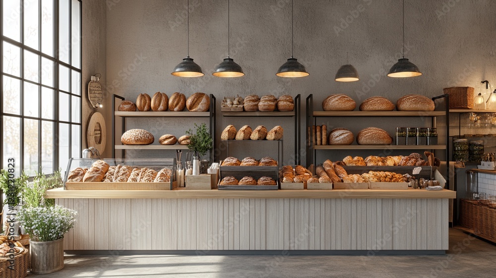 A warm bakery setup featuring fresh bread loaves and pastries in a bright interior. digital A warm bakery setup featuring fresh bread loaves and pastries in a bright interior. digital