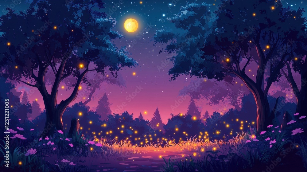 Enchanting Night Scene Fireflies Glow Moonlit Forest Enchanting Night Scene Fireflies Glow Moonlit Forest