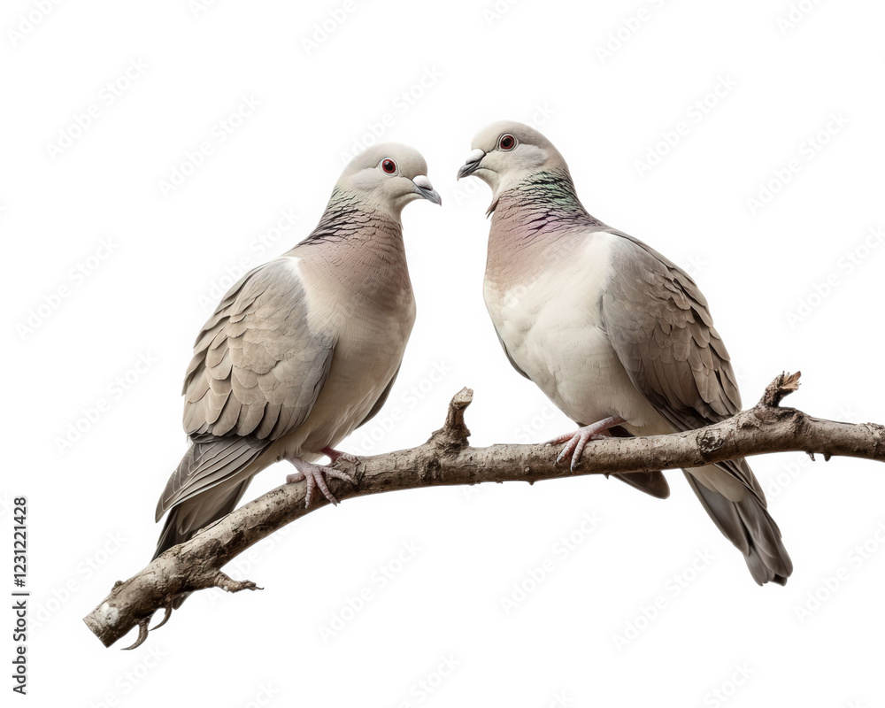Fototapeta premium pair of doves perched on branch, showcasing their elegant features and soft colors. Their gentle presence adds serene touch to any setting