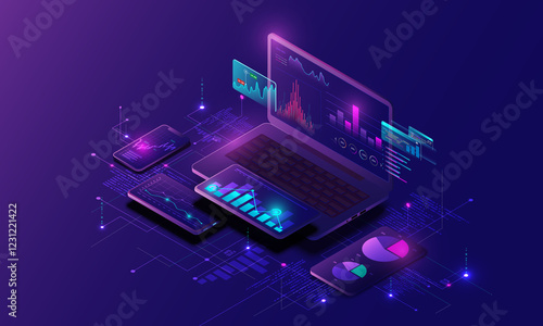 Technology background image on laptop, financial graph concept, business analysis, market