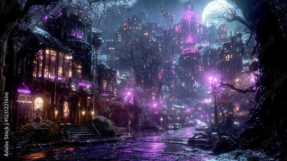 Obraz premium Rainy Gothic City at Night: A Dark Fantasy Streetscape