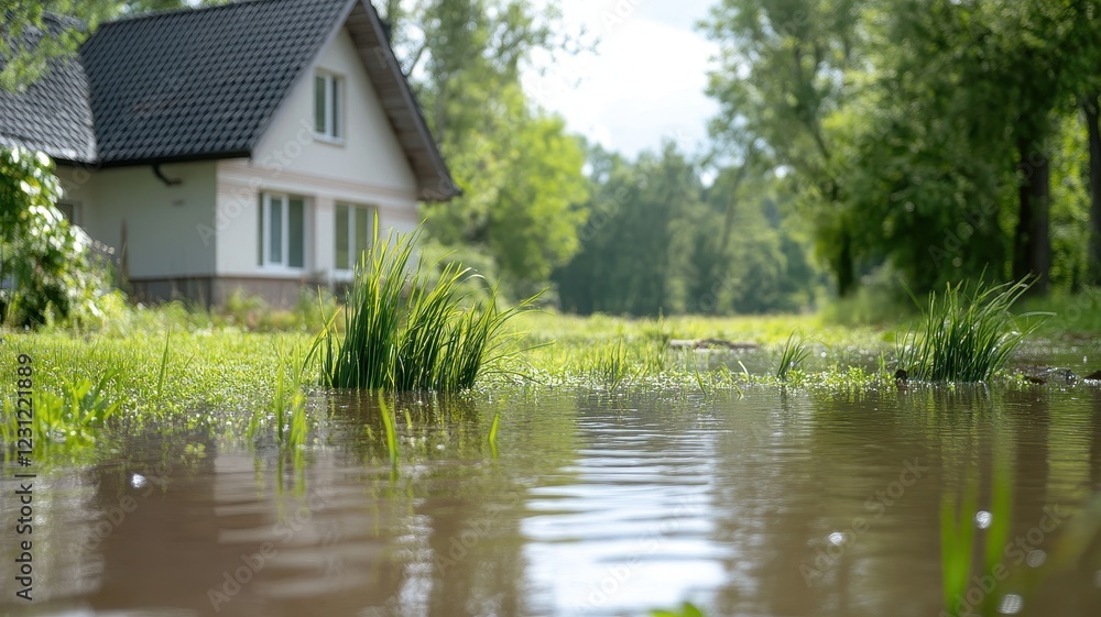 Obraz premium Flooded landscape with a house amid greenery and calm water reflections.