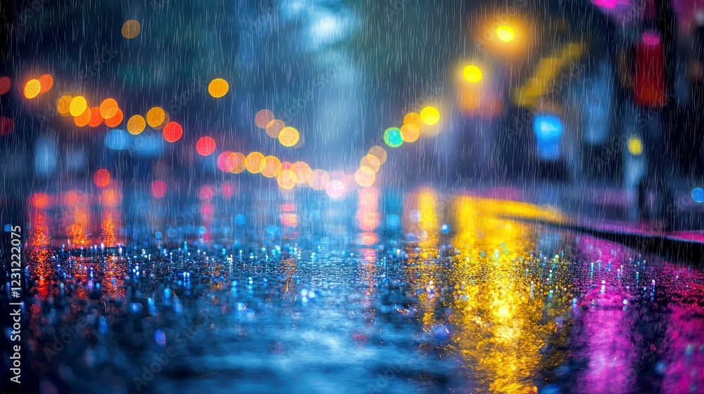 Naklejka premium Rainy Night Cityscape: Vibrant Reflections and Glowing Lights