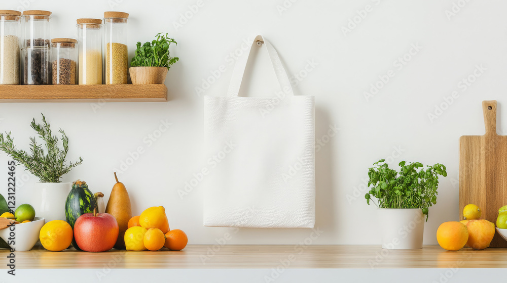 White tote bag hanging in a kitchen with fresh produce and herbs. A clean, minimalist aesthetic. White tote bag hanging in a kitchen with fresh produce and herbs. A clean, minimalist aesthetic.