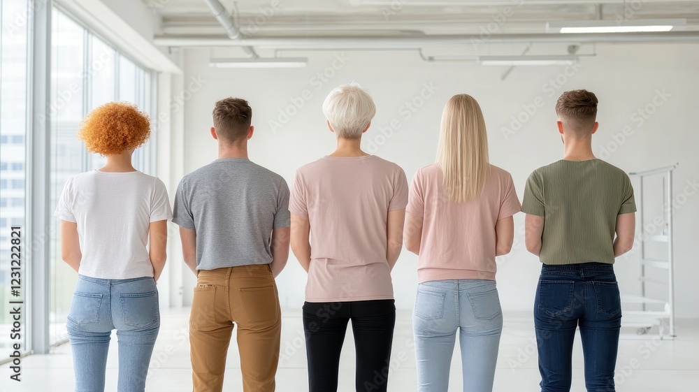 Obraz premium Five diverse individuals stand together, viewed from behind.