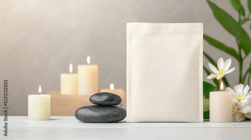 Spa day essentials: calming candles, smooth stones, and a blank package for your product. Spa day essentials: calming candles, smooth stones, and a blank package for your product.