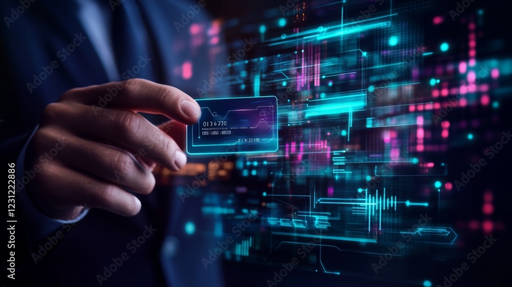A person in a suit holds a transparent card, surrounded by vibrant digital data streams and holographic graphics, representing technology and innovation. A person in a suit holds a transparent card, surrounded by vibrant digital data streams and holographic graphics, representing technology and innovation.