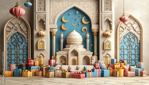 Festive Islamic Gifts Mosque Scene Eid Mubarak Background Design photo