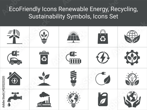 Set of Eco-Friendly Silhouette Icons. Renewable Energy, Recycling, Sustainability Symbols Vector. wind, turbine, lightbulb, solar panel, eco bag