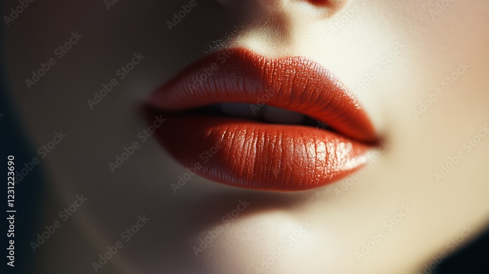 Close-up of luscious, well-defined lips with a rich, reddish color, emphasizing a glossy texture and enhancing the allure of the face. Close-up of luscious, well-defined lips with a rich, reddish color, emphasizing a glossy texture and enhancing the allure of the face.