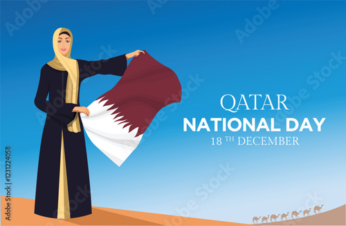 An Arab woman proudly hosts the Qatar flag on National Day, while a Qatari civilian raises it in the Middle East desert, commemorating Qatar’s unification and symbolising patriotism and heritage, 