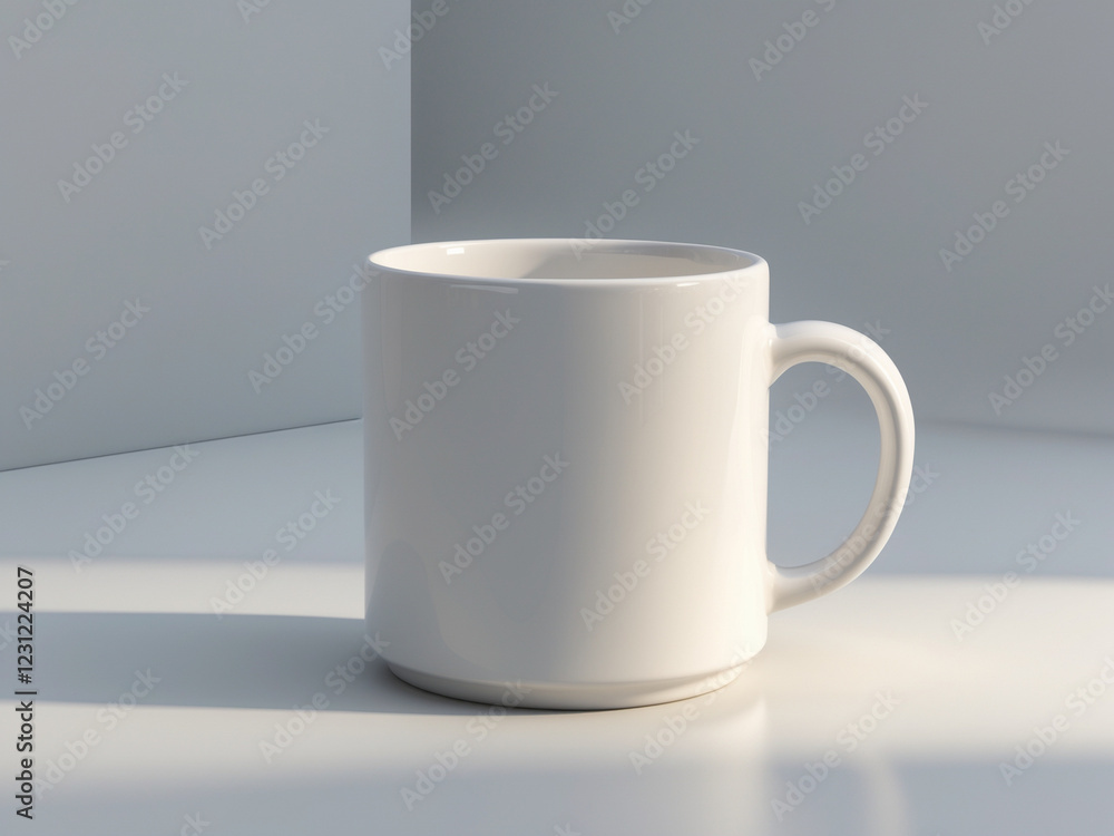A plain white ceramic mug placed on a clean white surface with soft natural lighting and subtle shadows. A plain white ceramic mug placed on a clean white surface with soft natural lighting and subtle shadows.