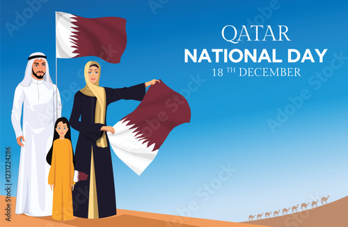 Arab families gather to celebrate Qatar National Day. Women hold the flag proudly, a young girl waves it with joy, and a Qatari civilian hosts the flag in the desert, symbolizing unity, and heritage