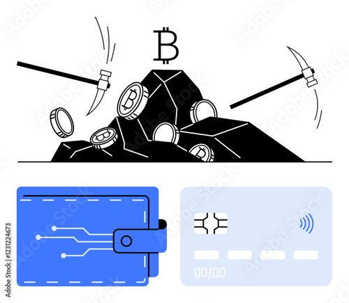 Picks extracting coins from rock under Bitcoin logo, wallet storing funds and chip card for crypto payments. Ideal for blockchain, digital currency, fintech, mining, e-commerce, investments