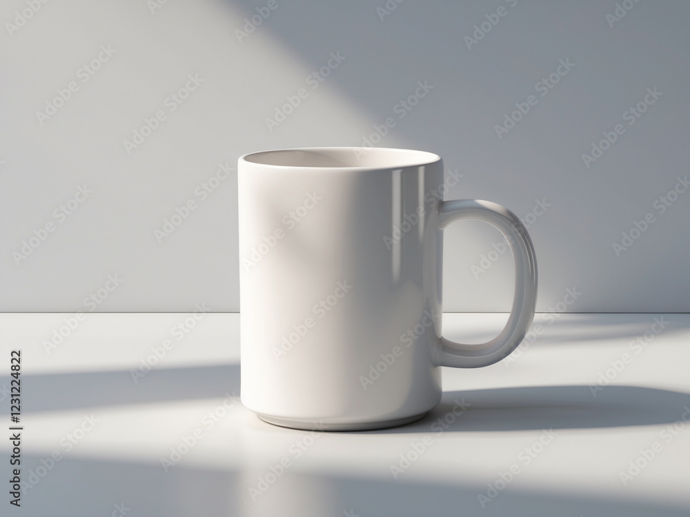 A plain white ceramic mug placed on a clean white surface with soft natural lighting and subtle shadows. A plain white ceramic mug placed on a clean white surface with soft natural lighting and subtle shadows.