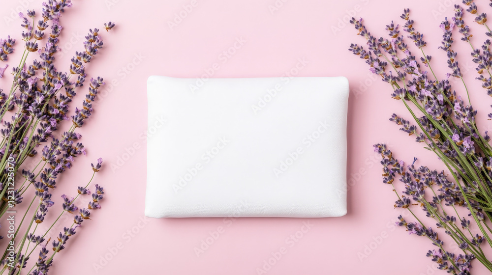 White rectangle on pink background, framed by lavender sprigs. Calming and serene aesthetic. White rectangle on pink background, framed by lavender sprigs. Calming and serene aesthetic.