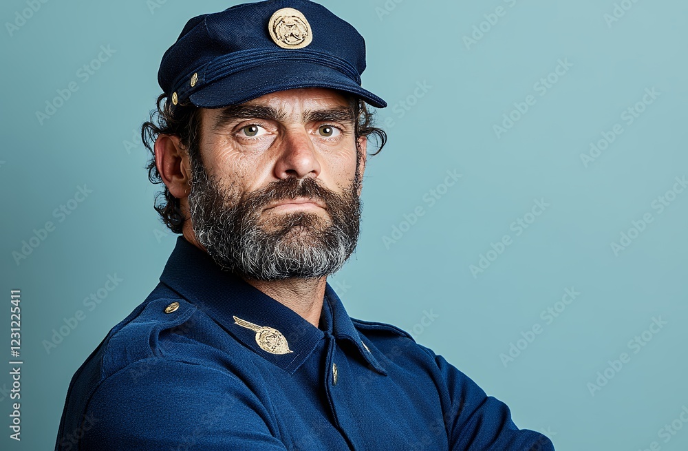 Portrait Of A Man In A Dark Blue Uniform With Salt Water On His Beard Portrait Of A Man In A Dark Blue Uniform With Salt Water On His Beard